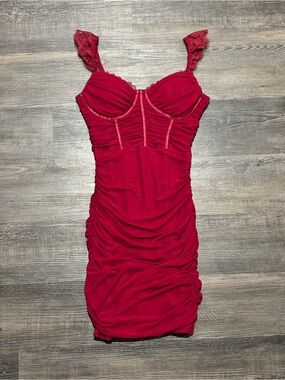 privy Cherry Red Lace-Trim Ruched Bust Mini Dress